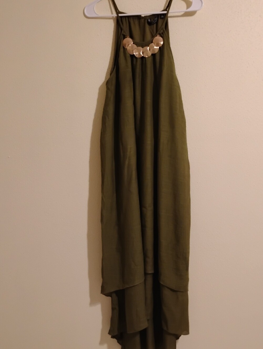 Mlle Gabriel Olive High-Neck Layered Maxi Dress with Gold Accent